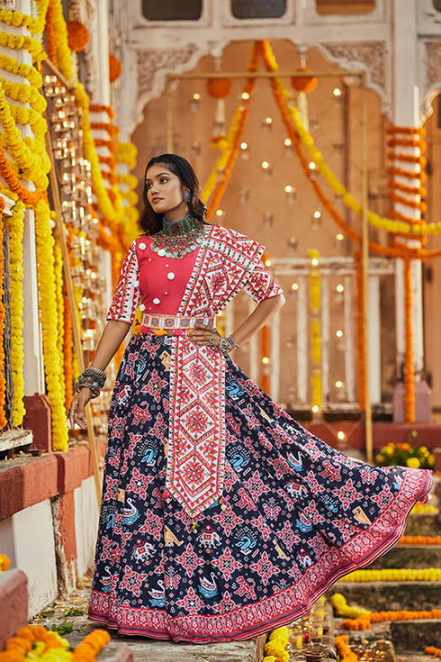 Shubhkala Black Maslin Cotton Digital Printed Work Navratri Lehenga